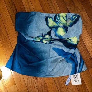 Cider Blue Strapless Floral Tube Top with Lime Accents